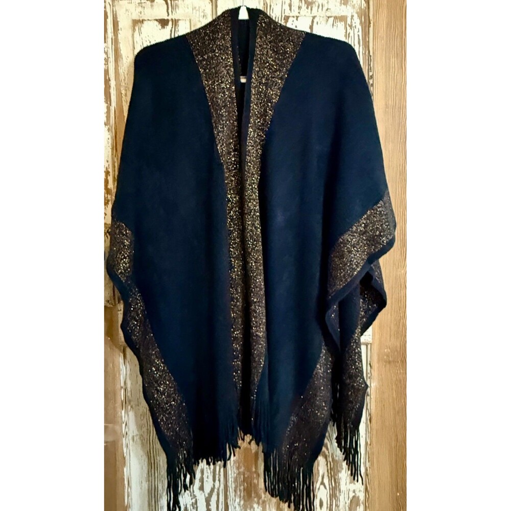 Kollie More Knitted Acrylic Wrap Shawl w/ Fringe - Black w/ Gold Metallic